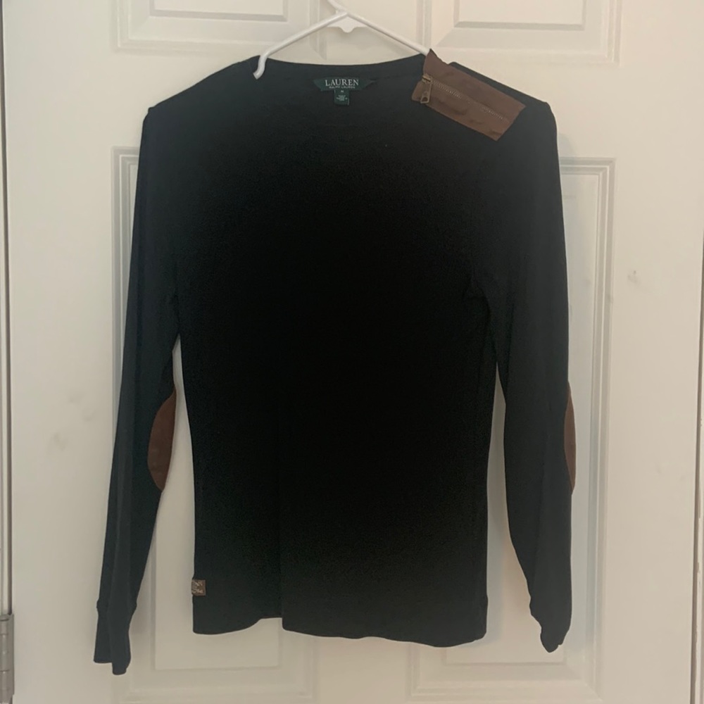 Lauren by Ralph Lauren black top with brown suede accents